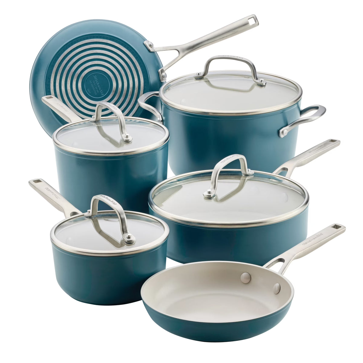 Kitchenaid Hard Anodized 10 Pcs Ceramic Induction Cookware Set, Dishwasher Safe and Oven Safe to 500F, Agave Blue