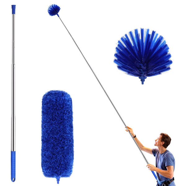 Ceiling Fan Duster with Extension Pole, Cobweb & Corner Brush Cleaning Kit W 2 Duster Heads for Cleaning, 15 100 inch Long Handle Aluminum