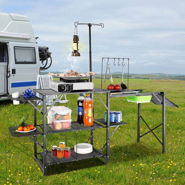 Camping Kitchen Table Folding Portable Cook Station Tables Shelves & A Sink