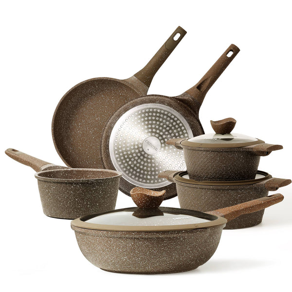 Carote Nonstick Granite Cookware Sets, 10 Pcs Brown Granite Pots and Pans Set, Induction Stone Kitchen Cooking Set, Size: 10PCS Brown