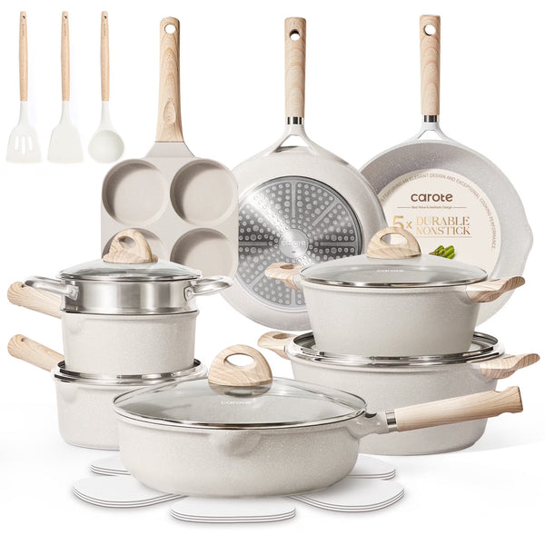 Carote Nonstick Cookware Set 21-Piece, Kitchen Pots and Pans Set, Stay Cool Handles, Induction Compatible, Cookware Set for RV and Camping, Beige